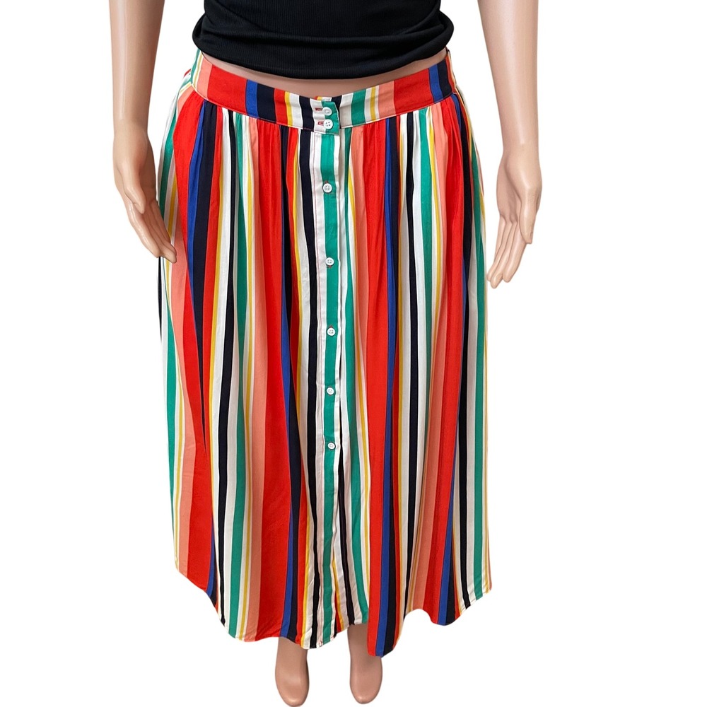 English Factory Sz M rainbow striped maxi skirt, 100% Rayon,‎ button front, boho
